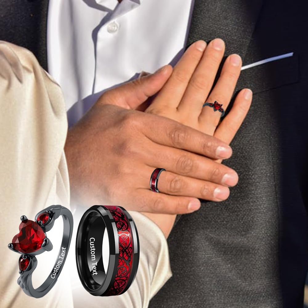 Leoshi Pärchen Gravur Eheringe Partnerringe Verlobungsringe für Frauen Wolfram Herren Ring Schwarz Rot Zirkonia Ring Edelstahl für Freundin Ihn Personalisierte Größe 49-70