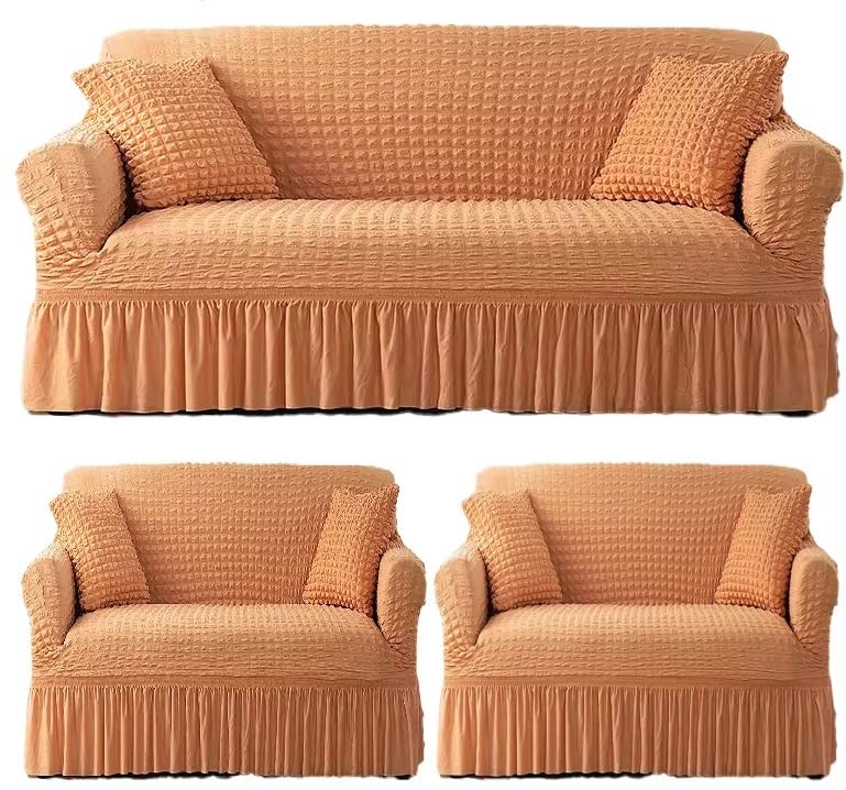 tony stark elastic stretchable 5 seater turkish bubble sofa slipcover, durable washable universal high elastic furniture protector frill sofa cover (beige - 3+1+1)