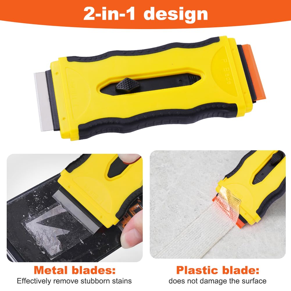 Flintronic 1 Raspador Vitroceramica, Rasqueta Vitroceramica con Cuchilla Retráctil, Rasqueta Multiusos Profesional con 10 Cuchillas para Ventanas, Espejos, Azulejos Limpieza (Amarillo)