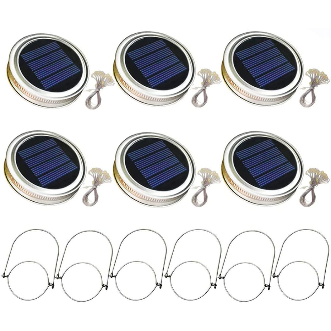 Naisicatar Solar Garden Lights,Solar Mason Jar Lid Light with 2m String Lights Handle 20 LEDs Hanging Lantern Lamp for Garden Decoration White Light 6PCS