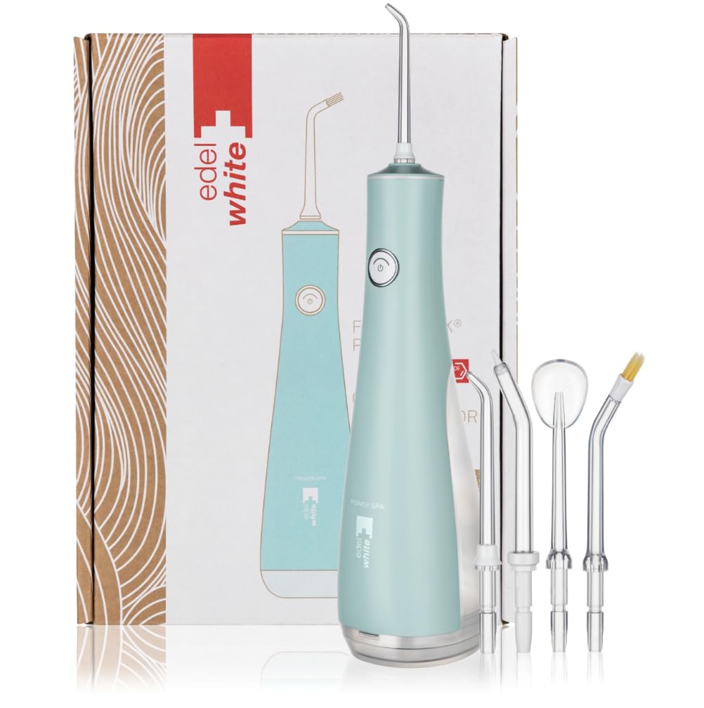 Edelwhite Flosserpik Power SPA - Irrigador bucal portátil con batería muy potente, 3 intensidades de chorro de agua, 4 cabezales diferentes, toalla de mano