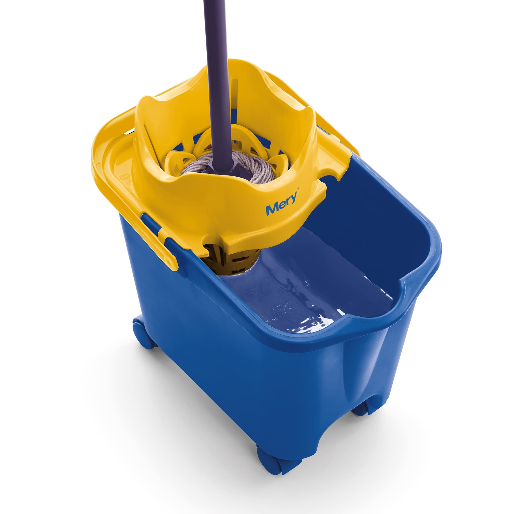 Mery |Cubo para Fregona solidario en colaboración con ACNUR | Escurre sin esfuerzo | Cubo Escurridor Automático | Capacidad 14 Litros | Con ruedas | Azul y amarillo, 38.20 x 25.5 x 39 cm