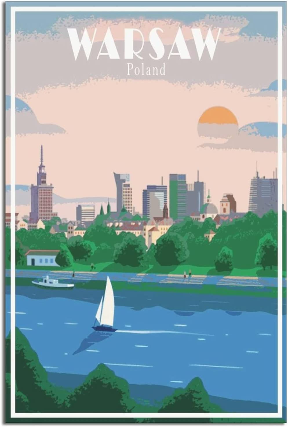RuiChuangKeJi Poster Artworks 15.7x23.6in(40x60cm) No Frame Warsaw Poland Vintage Travel Poster Sunset Decorative Posters Modern Bedroom Posters Wall Decor