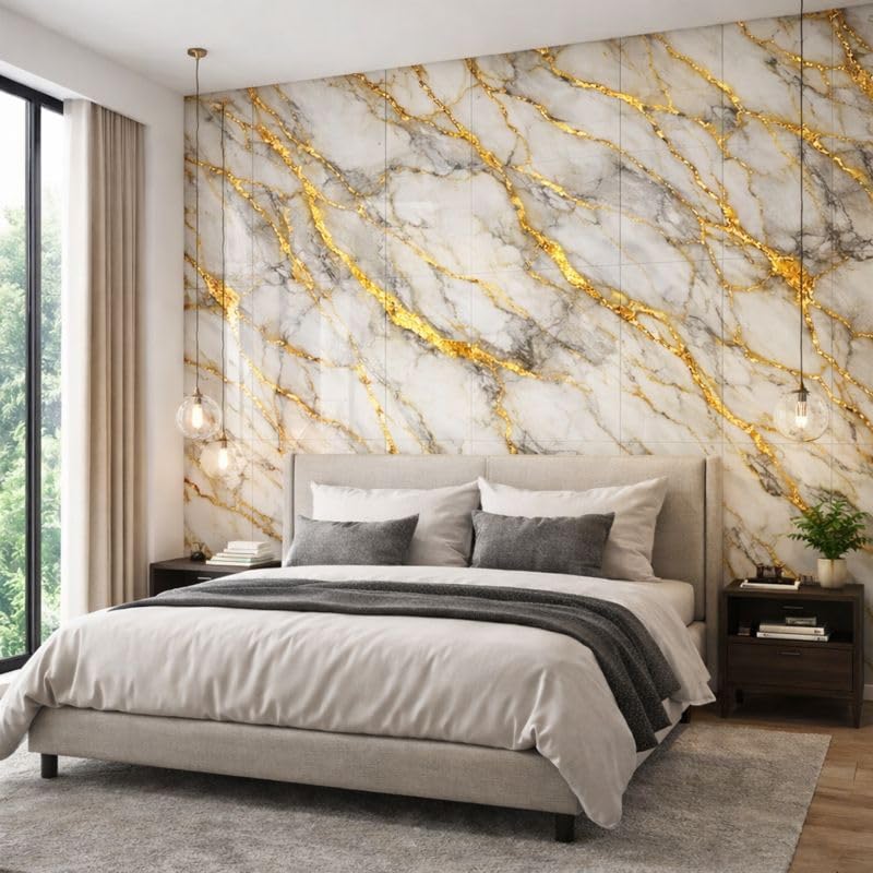 Image of OCEANSKY Dark Golden Abstract Design Marble UV Panels, Pack of 4