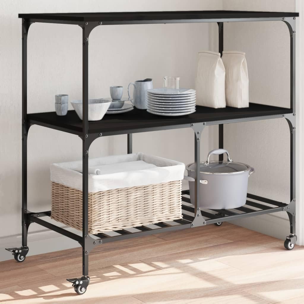 vidaXL Carrito de Cocina, Estante de Almacenaje, Carro de Servicio Comida, Carrito para Salón Baño Estudio, Madera de Ingeniería Negro