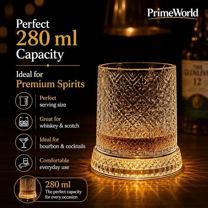Image of PrimeWorld Premium Rotating Whiskey Glasses - 300ml | Set of 6 | LED Button Cell 360 Spinning Crystal Old Fashioned Tumblers | Lead-Free Carved Cut Rocks Glasses for Whiskey, Scotch, Bourbon, Brandy