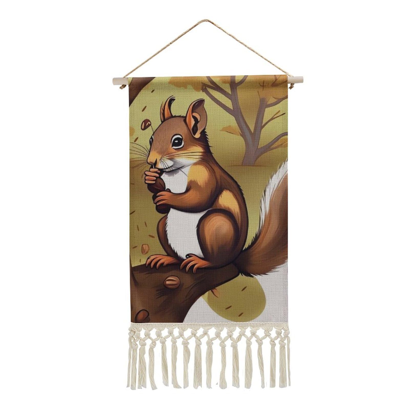 BTCOWZRV Cotton And Linen Hanging Poster with Tassels, Nut-eating Squirrel Wall Hanging Tapestry Vintage Wall Art Painting Modern Artwork Decoration for Home Decor Ready to Hang 10x19.6 in