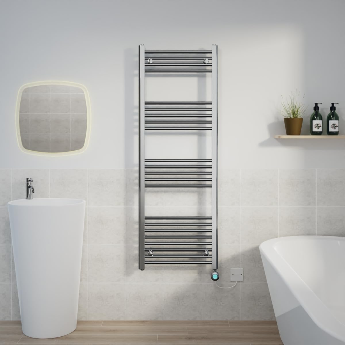 Warmehaus Prefilled Electric Thermostatic Heated Towel Rail Bathroom Ladder Radiator Straight with 800W LCD Display Timer Electric Heating Element Chrome 1400x500mm