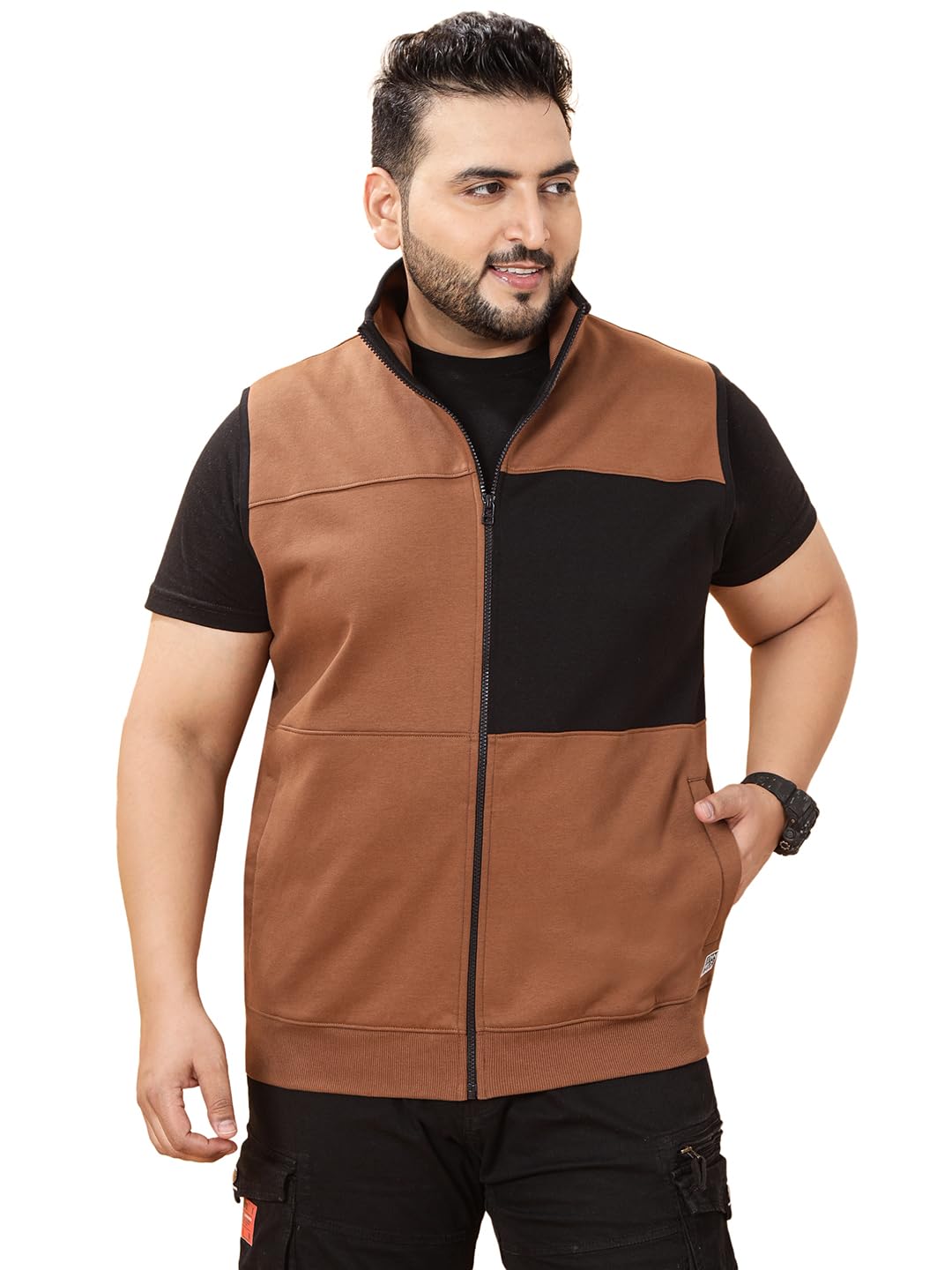 john pride Plus Size Men Regular Fit Sleeveless Mock Collar Colourblocked Fleece Brown Front-Open Sweatshirt(JPSWT75237_Brown)-picture-43