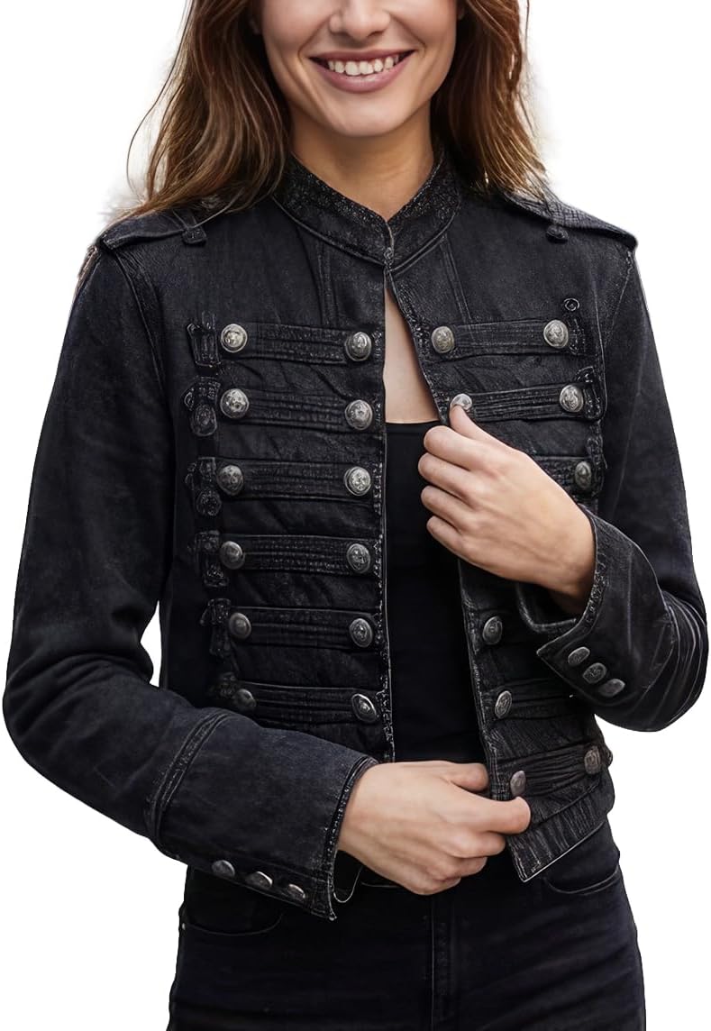 Women's Military Denim Jacket Steampunk Jean Jacket Stand Collar Vintage Gothic Coat Double Breasted Jean Jacket