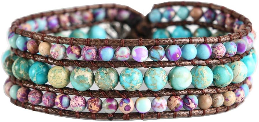 YGLINE Boho Handmade Natural Stone Bead 3 Row Wide Wrap Wrist Statment Bracelet Jewelry Collection