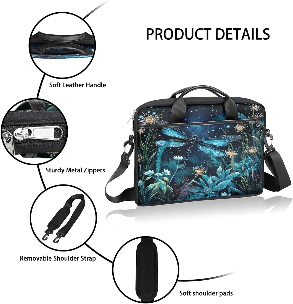 Boho Dragonflies Flowers 15 Inch Laptop Bag Laptop Shoulder Bag Computer Cases for Laptops or Tablets