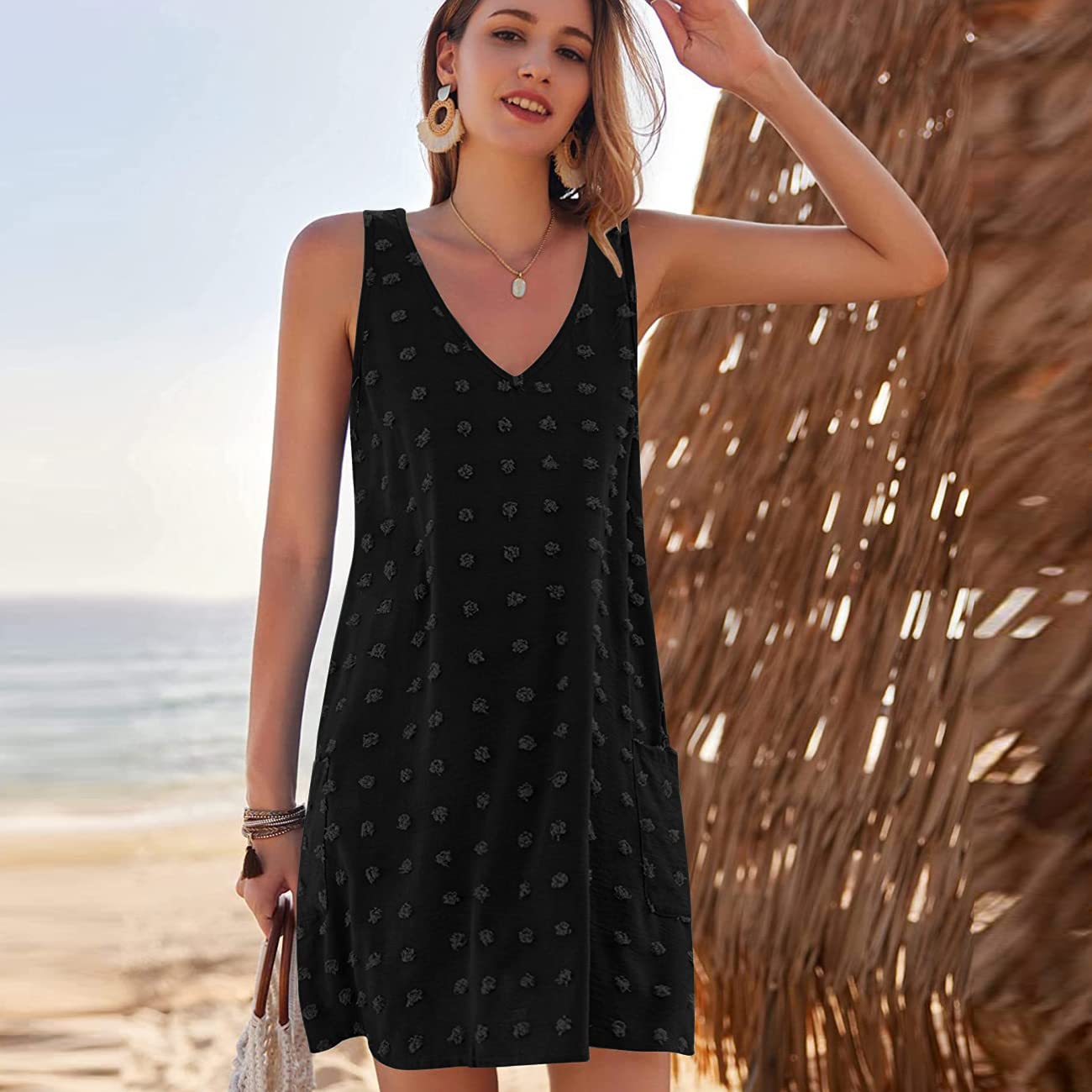 Vestiti Donna Scollo a V con Tasca Chiffon Copricostume Spiaggia da Mare Bikini Cover Up Tunica Costume da Bagno Estate Abito da Spiaggia Interi Beachwear Beach Dress