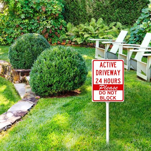 Geroclonup Schild 'Active Driveway 24 Hours Please Do Not Block' mit Metallpfahl, 20 x 30 cm, stabiles, rostfreies, lichtbeständiges Aluminium, Parkverbotsschild für Zuhause, Rasen, Außenbereich