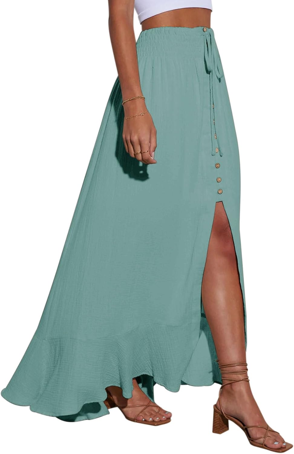 Minclouse Women's Elastic Tie Waist Button Down Maxi Skirts Casual Loose Flowy Swing Slit Front Dress - Image 2