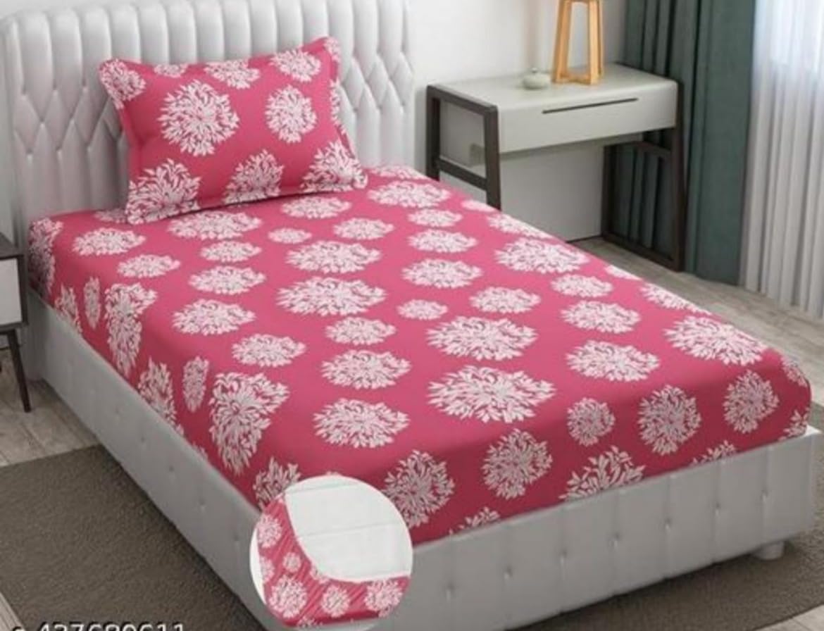 Premium Cotton-Blend Elastic Fitted Single Bedsheet with 1 Pillow Cover for Single Bed with All Around Elastic 188 Soft | Size - 72X36X6 Fit Upto 6 Inches Mattress Color Pink-image-17