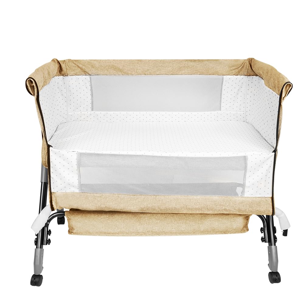 LANTUS Culla Neonato Fianco Letto Lettino Neonato con Fasciatoio, Lettino Bambino Pieghevole Facile, Lettino Regolabile per Neonati-104 * 52 * 100-110 cm - Bianco sporco