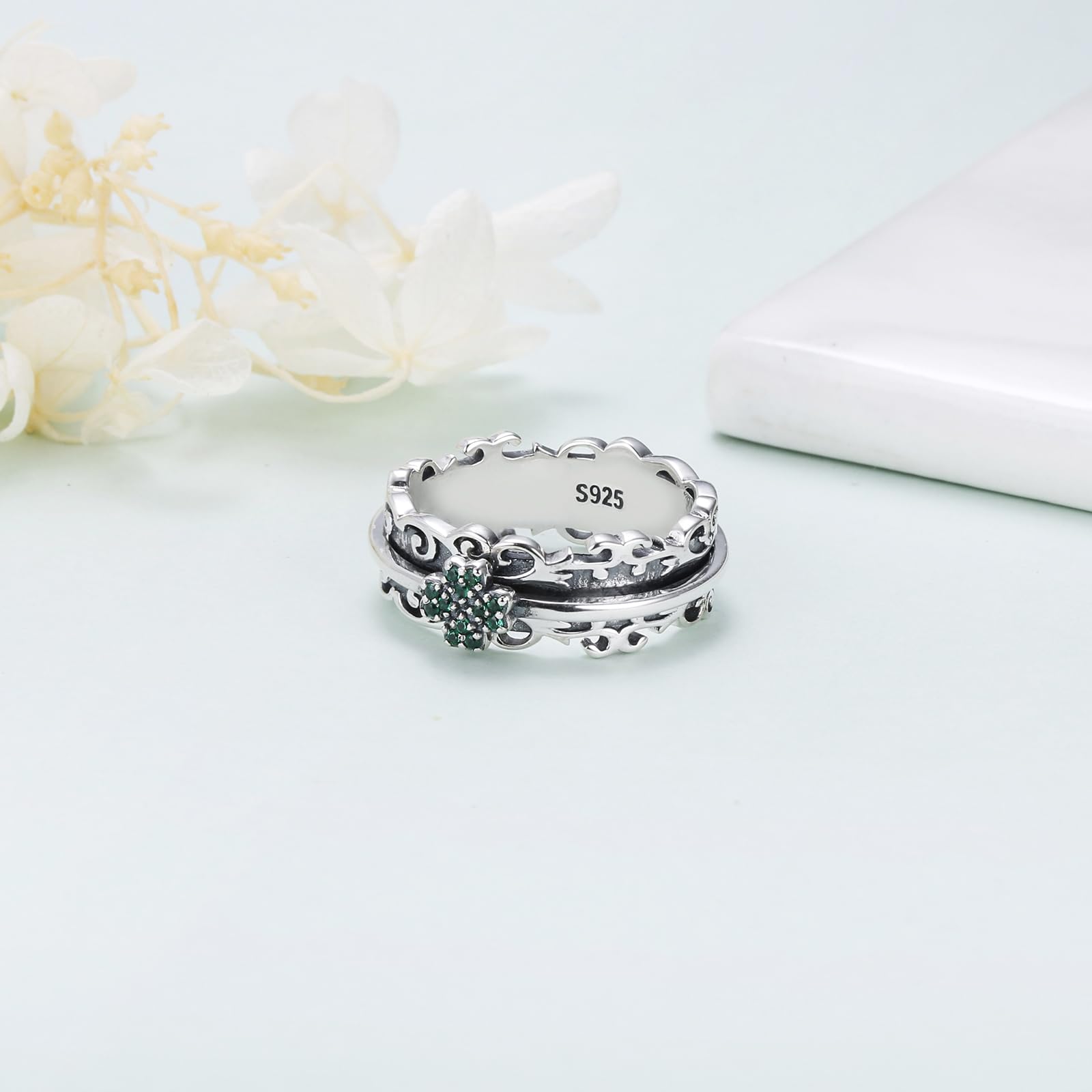 Anillos giratorios de trébol de cuatro hojas para mujer, anillos vintage para ansiedad, anillo giratorio de plata de ley, anillo grueso en relieve, trébol de cuatro hojas, regalo para mujeres y