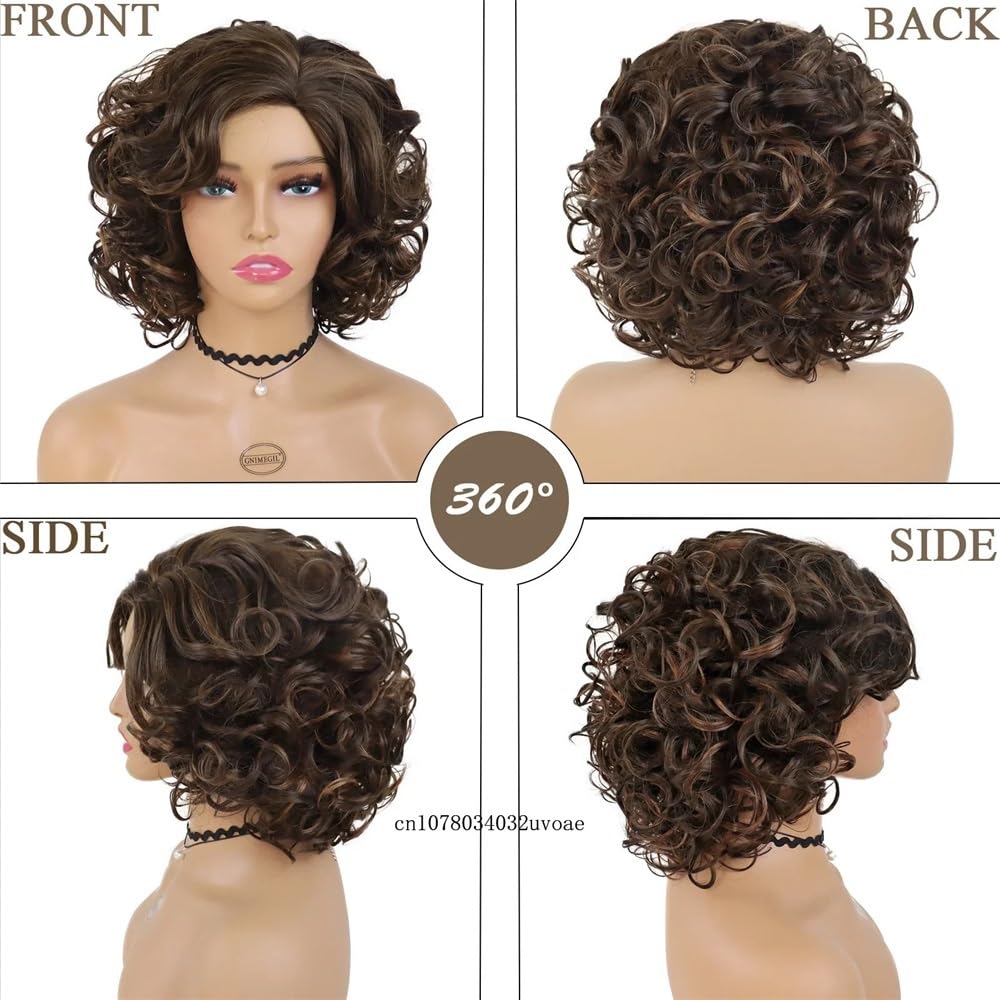 Krótka brązowa peruka dla kobiet, puszyste kręcone syntetyczne włosy, peruka z boku, mieszany blond, ombre blond, naturalne peruki na Halloween (Silver Grey)