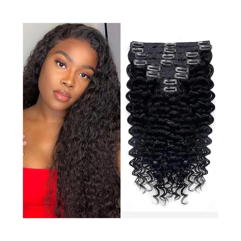 Niewidoczne Włosy doczepiane Deep Wave Clip-in, brazylijskie Remy, włosy ludzkie, grube do końcówek, naturalne, czarne Przedłużanie włosów(12inches)
