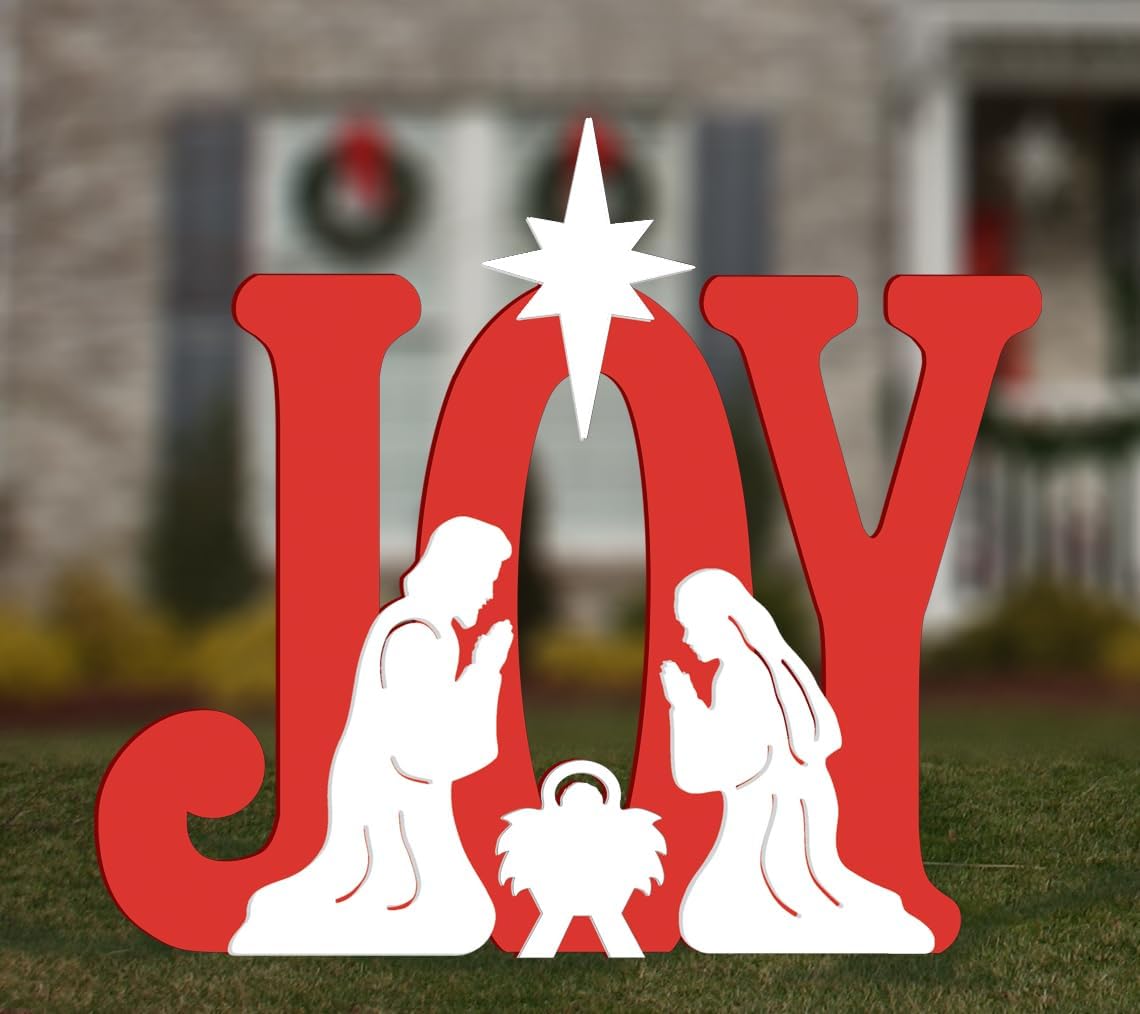 FrontYard Originals Joy Nativity Outdoor Display, Red and White PVC, 44.5x44.5 Inch, Weather Resistant Garden Sculpture, Unlit Holiday Decor