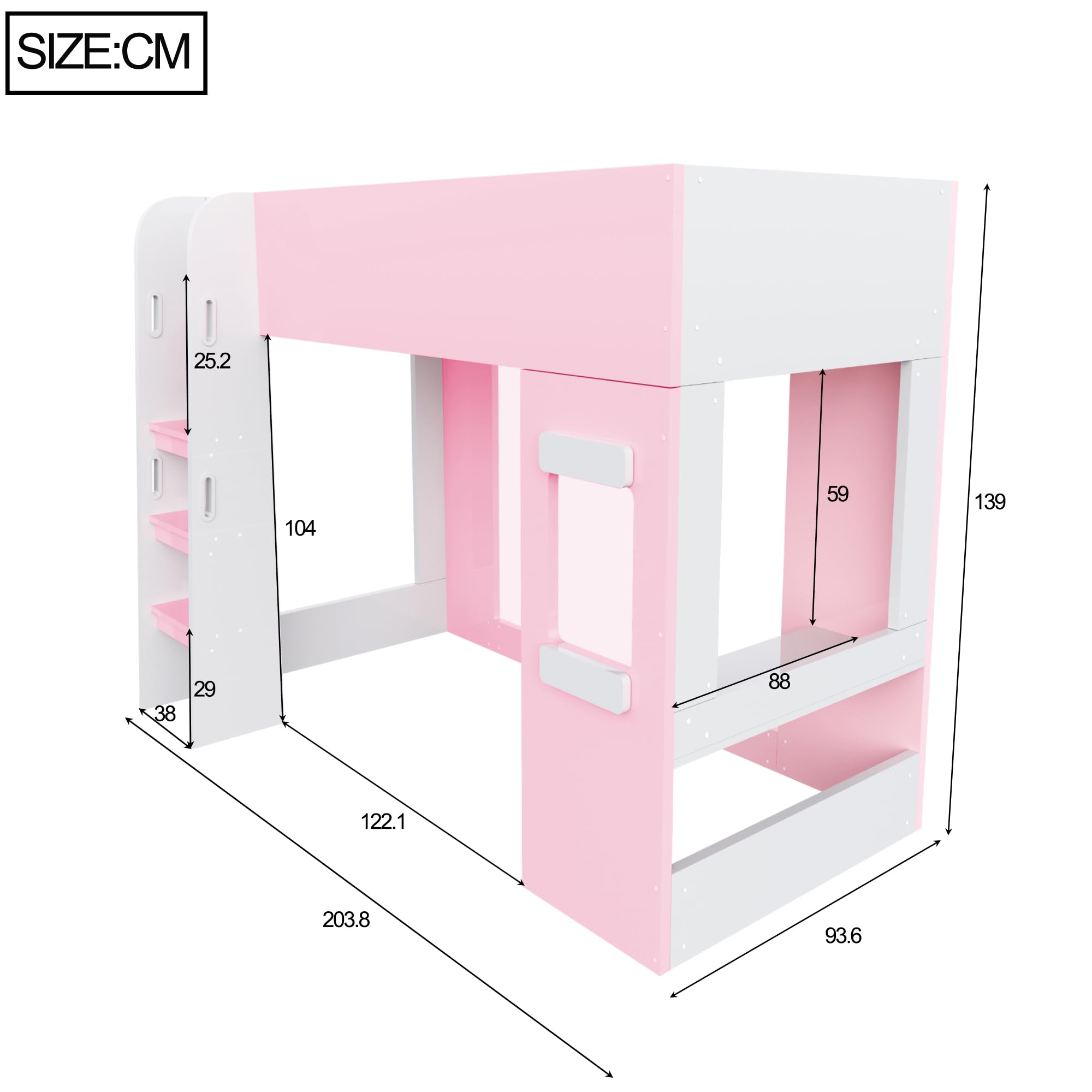 Merax Lit mezzanine en bois 90 x 200 cm avec barre lumineuse, petit bureau, barrière de protection haute et échelle sûre, lit pour adolescent, lit simple, rose (sans matelas)