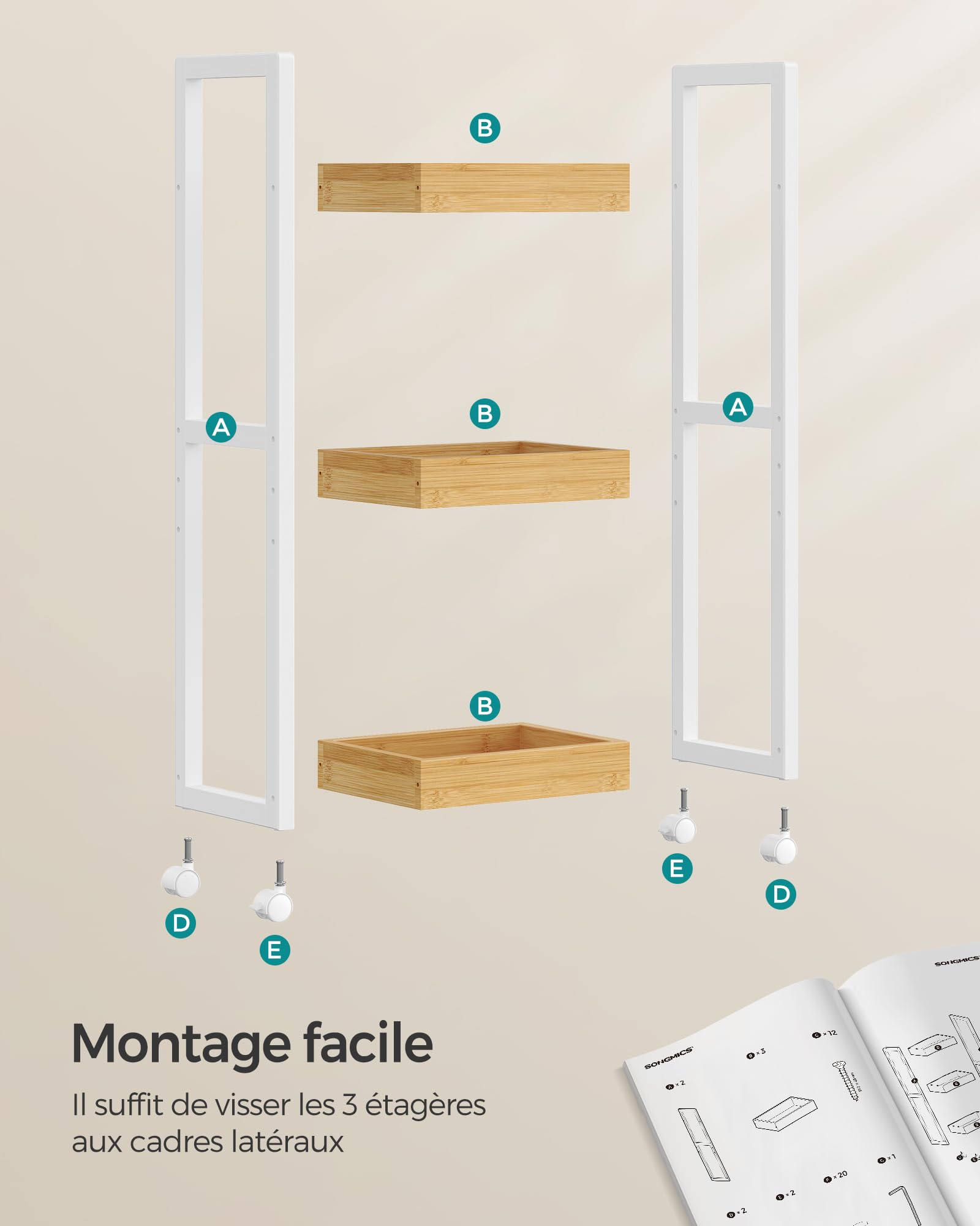SONGMICS Chariot de Salle de Bain, Étagère Mince de Salle de Bains, Chariot de Rangement à 3 Niveaux sur roulettes, Bambou, Gain de Place, 20 x 30 x 80 cm, Blanc et Couleur Boisée BCB083N02