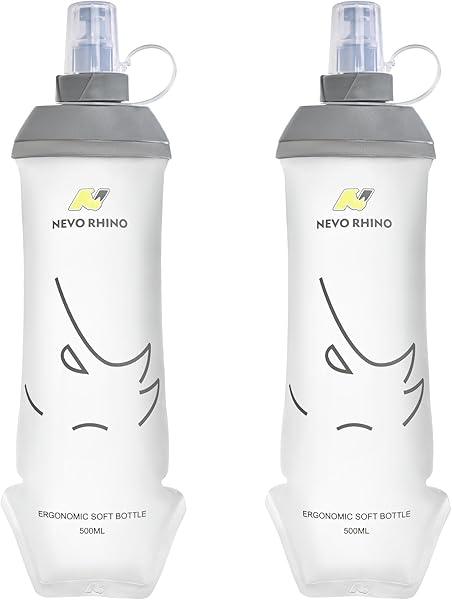 N NEVO RHINO 2PCS Soft Flask, 17oz/500ml TPU Running Water Bottle for Hydration Vests and Running Packs, Leak-proof BPA-Free Collapsible Water Bottles for Running, Hiking, Cycling, Climbing