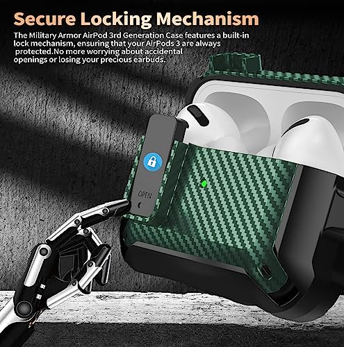 Image of Olytop for Airpods 3rd Gen Case with Lock 2021, Rugged Apple Airpods 3rd Generation Case Men Women, Armor Shockproof iPod 3rd Gen Case Protective Hard Shell with Carabiner&Cleaner kit, Black /Green