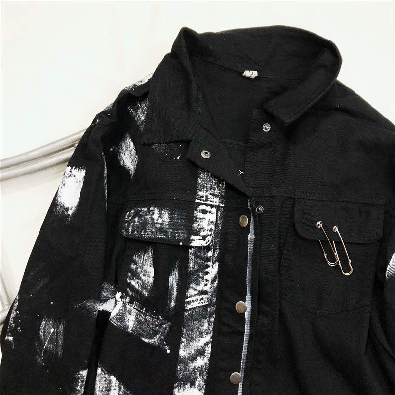 Streetwear Women Denim Jacket Fashion Graffiti Print Jacket Female Loose Coat Jackets,Black,L2
