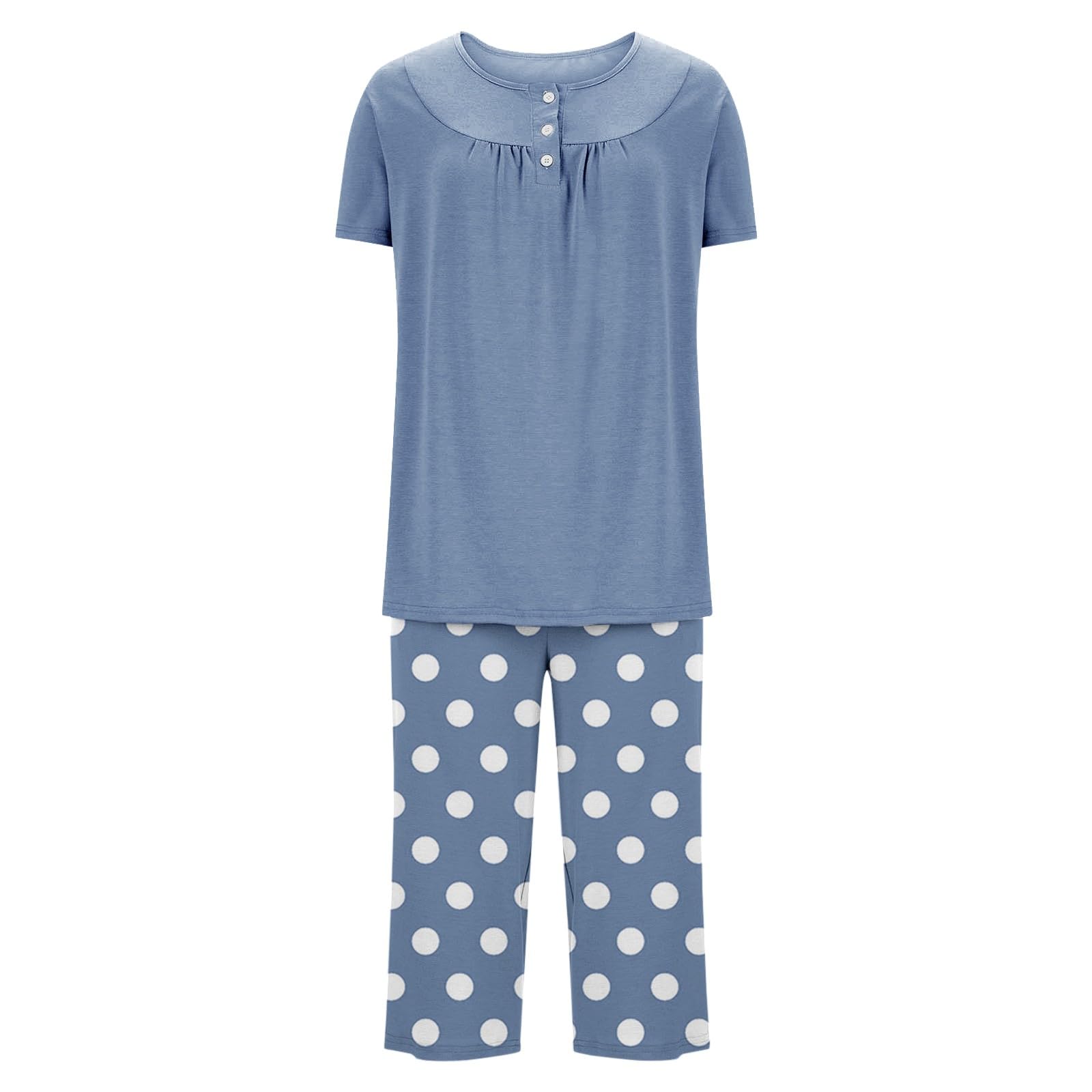 Pyjama élégant pour femme - Ensemble de pyjama long à pois | Ensemble de pyjama plissé 2 pièces avec poches, manches courtes, col rond, boutons et pantalon de jambe 7/8