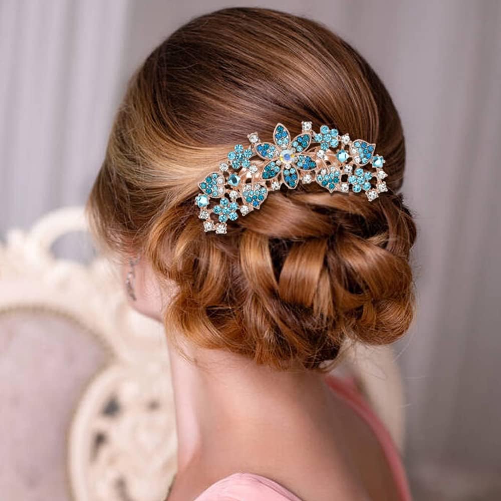 Pettine per capelli da donna con fiori intarsiati e strass, accessorio per capelli da sposa, pettine laterale per ragazze, idea regalo (blu)