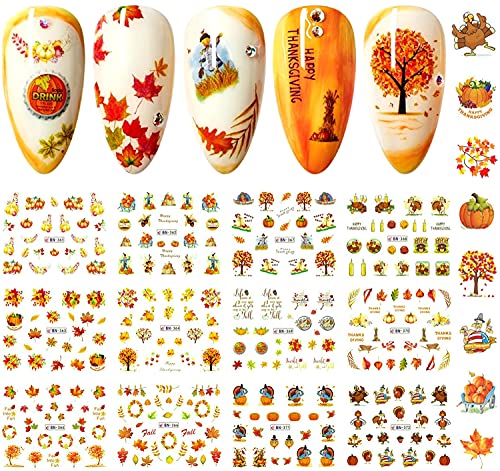 12 Sheets Fall Nail Art Stickers Thanksgiving Nail Decals Water Transfer Maple Leaf Nail Sticker Pumpkin Turkey Autumn Nail Art Decals for Women Girls Kids DIY Thanksgiving Nail Decorations