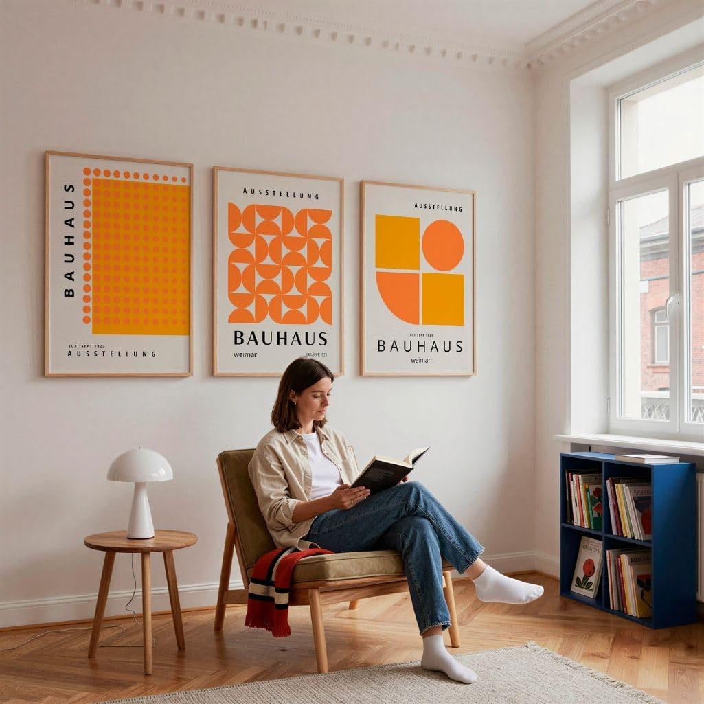 ARTINSPIRIO Bauhaus Wandbilder Set, 3-teilig, Orange und Gelb, Geometrisches Design, Ausstellung Weimar, Ohne Rahmen (A2)