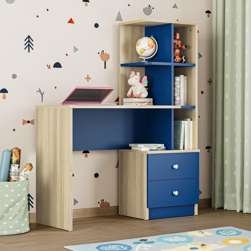 Wakefit Study Table for Kids | Kids Study Desk with Bookshelf & Storage Drawers | Sturdy Engineered Wood Writing Table | 1-Year Warranty | Paw - Moldau Acacia & Blue Finish | Compact & Space-Saving
