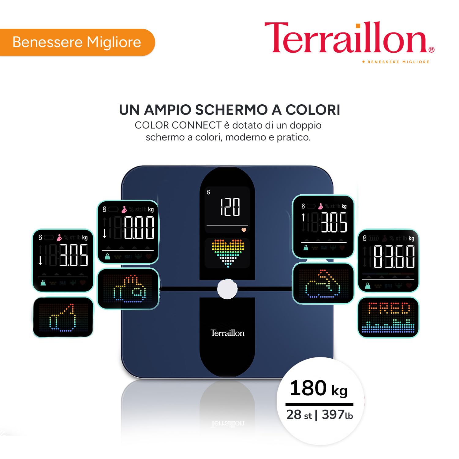 TERRAILLON - COLOR CONNECT - Bilancia connessa Bluetooth, Frequenza cardiaca, Masse: grasso-muscolare-idrico-ossea, BMI, Capacità 180 kg, Graduazione 50 g, Schermo Multi Display Colore, Blu