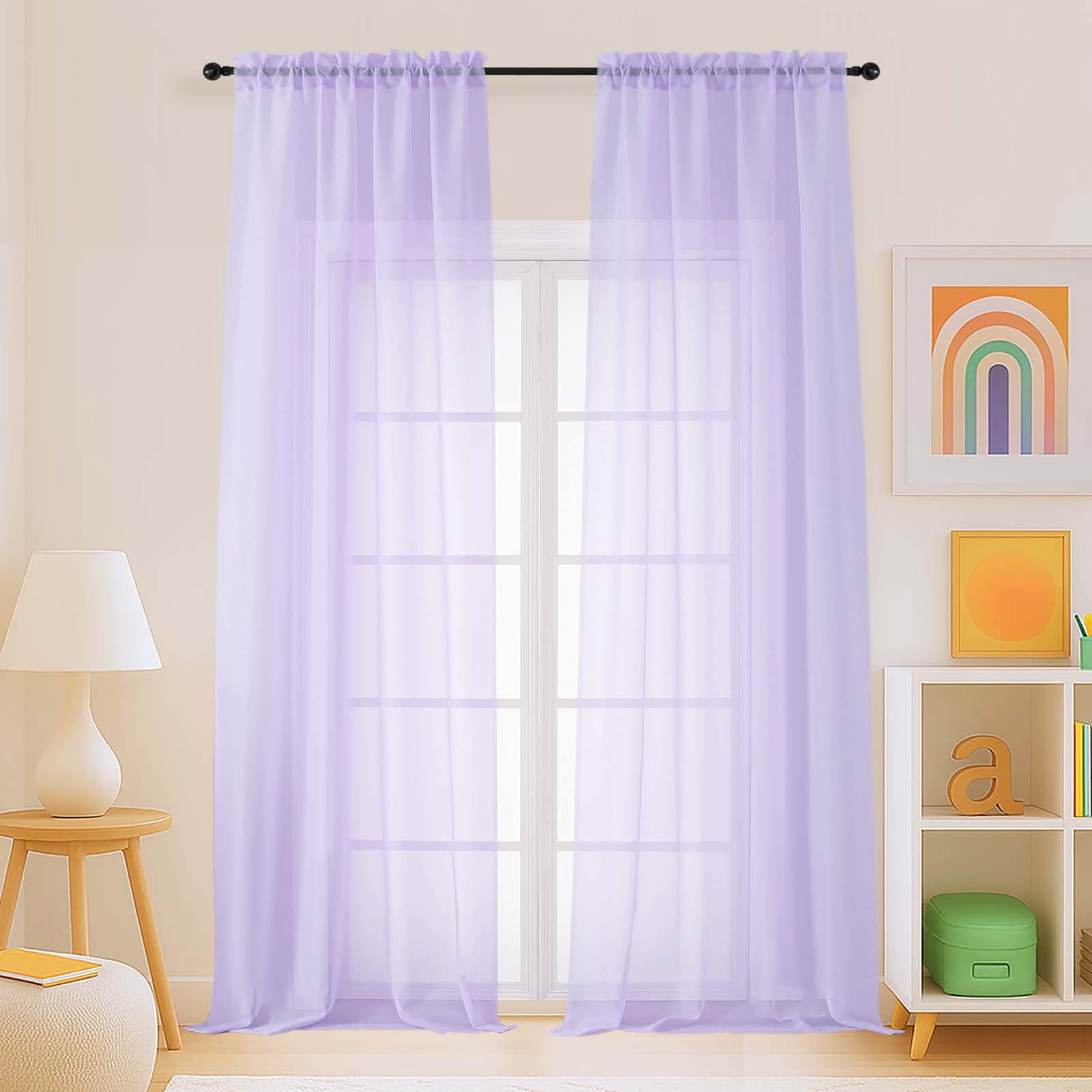Ebesto Sheer Curtains for Window 96 Inches Long 2 Panels, Soft Airy Light Filtering Voile Sheer Curtains for Living Room Bedroom, Dual Rod Pocket Elegant Window Drapes, Lavender, 2x42Wx96L Inches