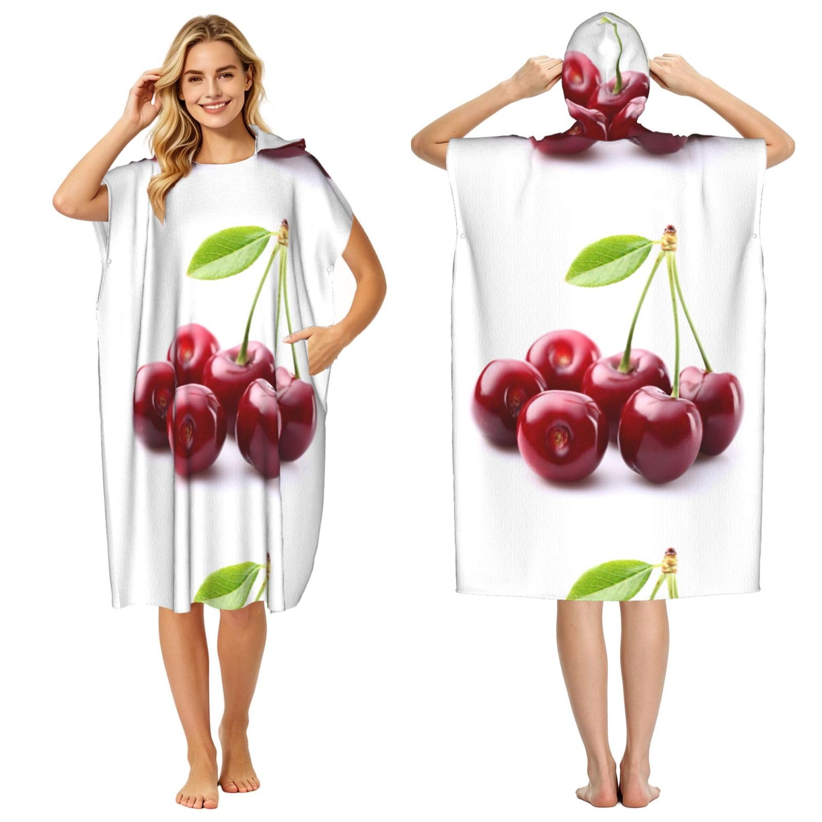 Poadnly Cute Cherry, Adult Hooded Beach Towel 90 x 110 cm,Changing Bath Robe, Surf Poncho Towel For Women Men