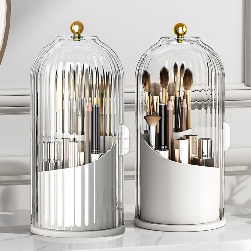 Makeup Brush Holder Organizer with Clear Lid 360 Rotating Sliding Opening Dustproof Brushes Container for Vanity