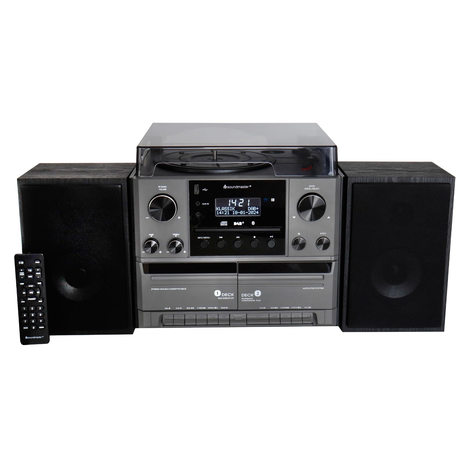Soundmaster MCD5600SW Chaîne Hi-FI avec Platine Dab+ Double Cassette Lecteur CD USB MP3 Bluetooth Encodage Numérisation Connexion d'antenne 75 Ohms