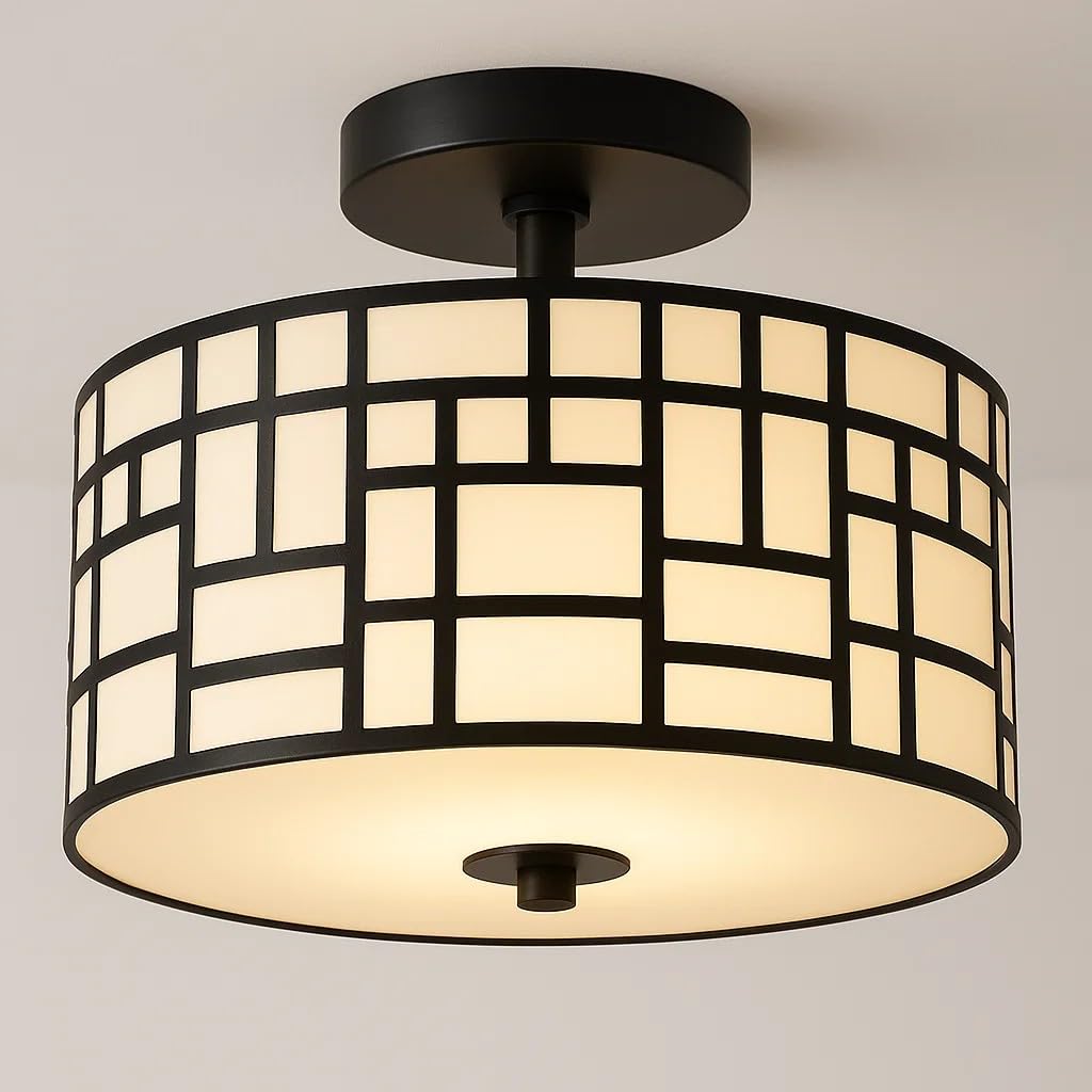 Lámpara de techo semiempotrada con patrón rectangular negro con pantalla de tambor para uso en interiores, sala de estar, comedor, cocina, lámparas de araña modernas, acabado cromado