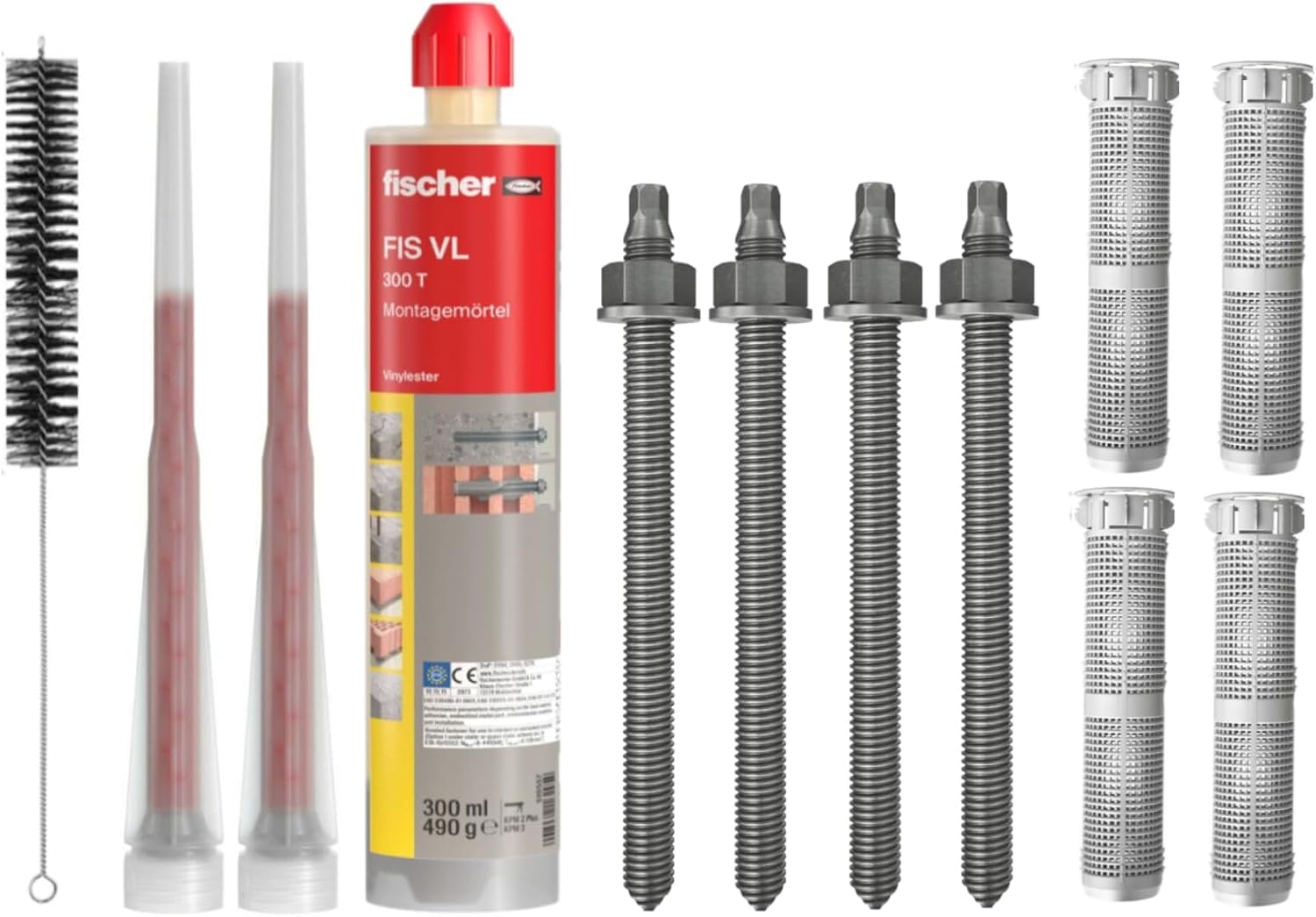 Schwerlastbefestigung SET M12x300mm VERZINKTER STAHL 5.8 - FISCHER Montagemörtel VL300 T + 4 Gewindestangen + 4 Siebhülsen 20x130mm + Zylinderbürste/Klebeanker Ankerstangen