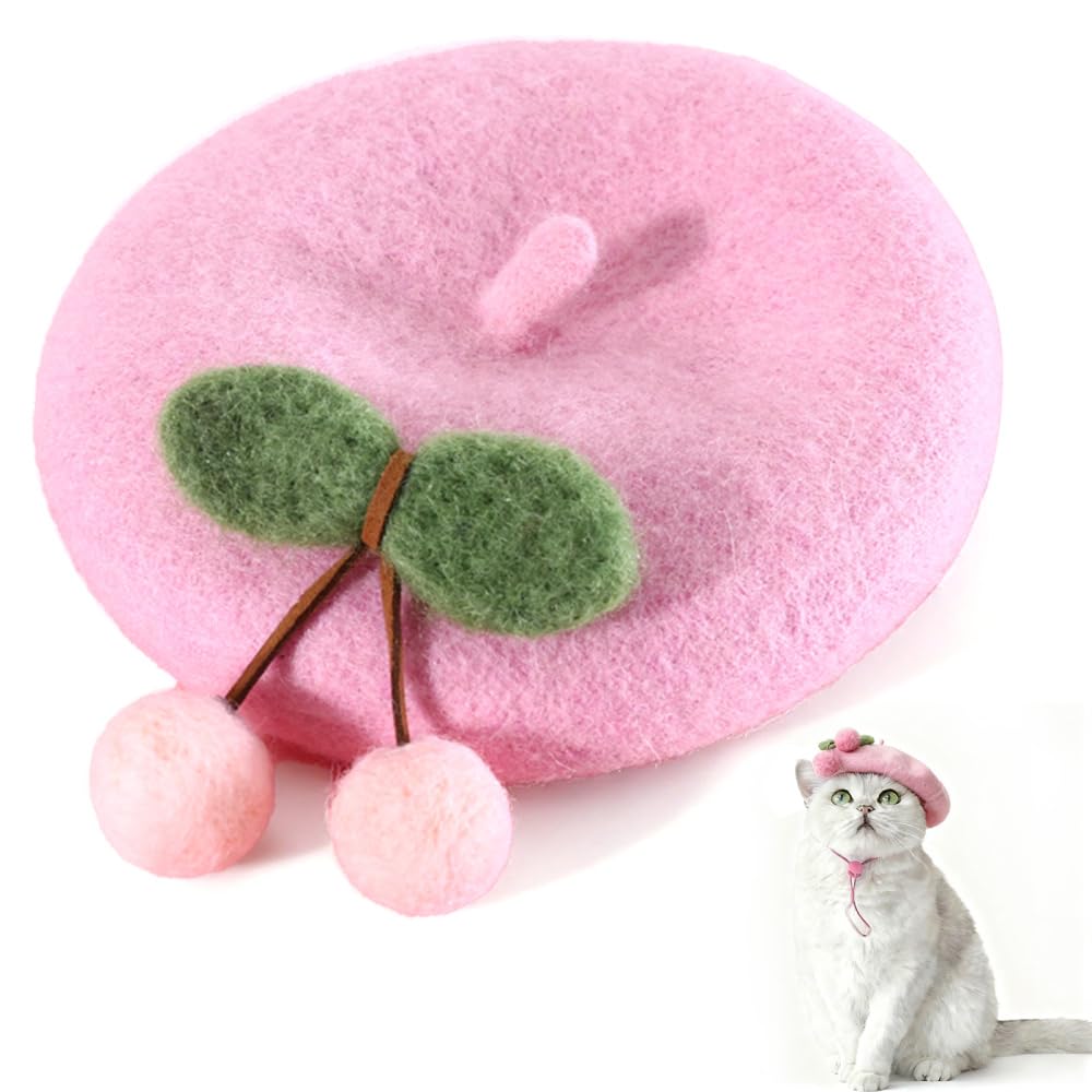 Dog Wool Beret Hat, Plush Cat Costume Beret Hats with Red Cherry, Adjustable Pet Holiday Head Wear for Cats Kittens Puppies
