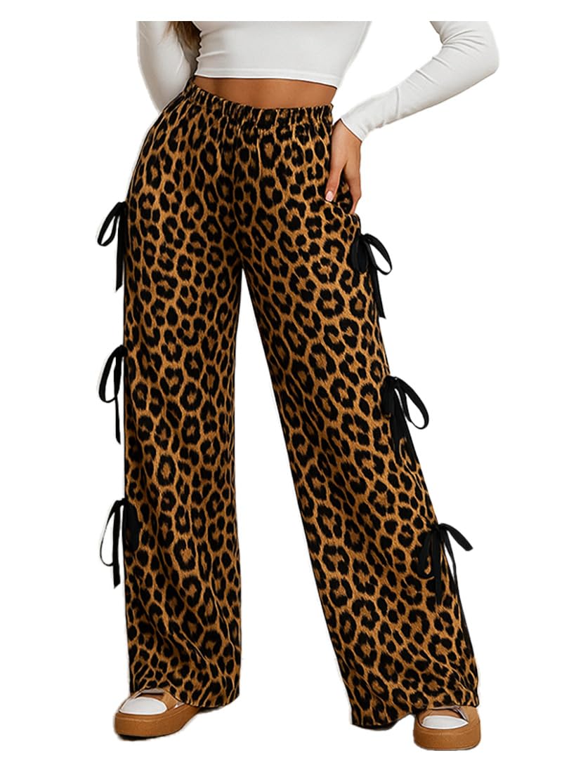 Leopard Print Wide Leg Pants Women Baggy Barrel Cheetah Sweatpants Casual Elastic Waist Loose Straight Streetwear