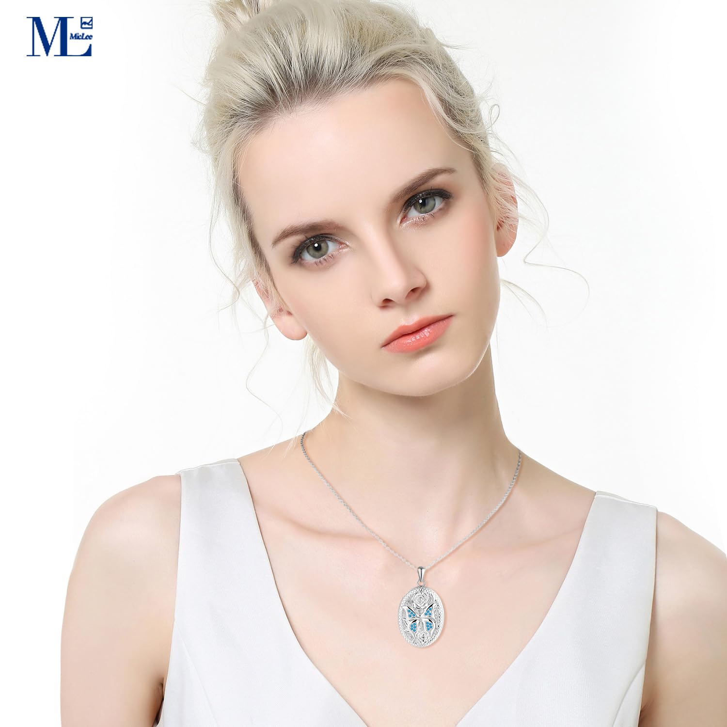 MicLee Collana Ciondoli Foto da Donna in Argento 925 Pendenti Medaglioni de Farfalla Moda Collane Ovale di Farfalla con Zircone Ciondolo Apribile