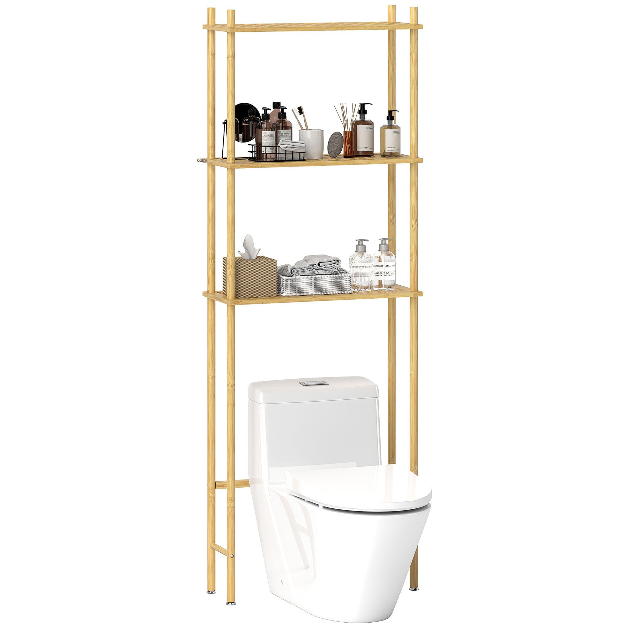HOMCOM Scaffale da Bagno Sopra WC a 3 Ripiani, Mensola Portaoggetti da Bagno Salvaspazio in Bambù, Mobile Sopra Lavatrice per Lavanderia con Piedini Regolabili, Color Naturale