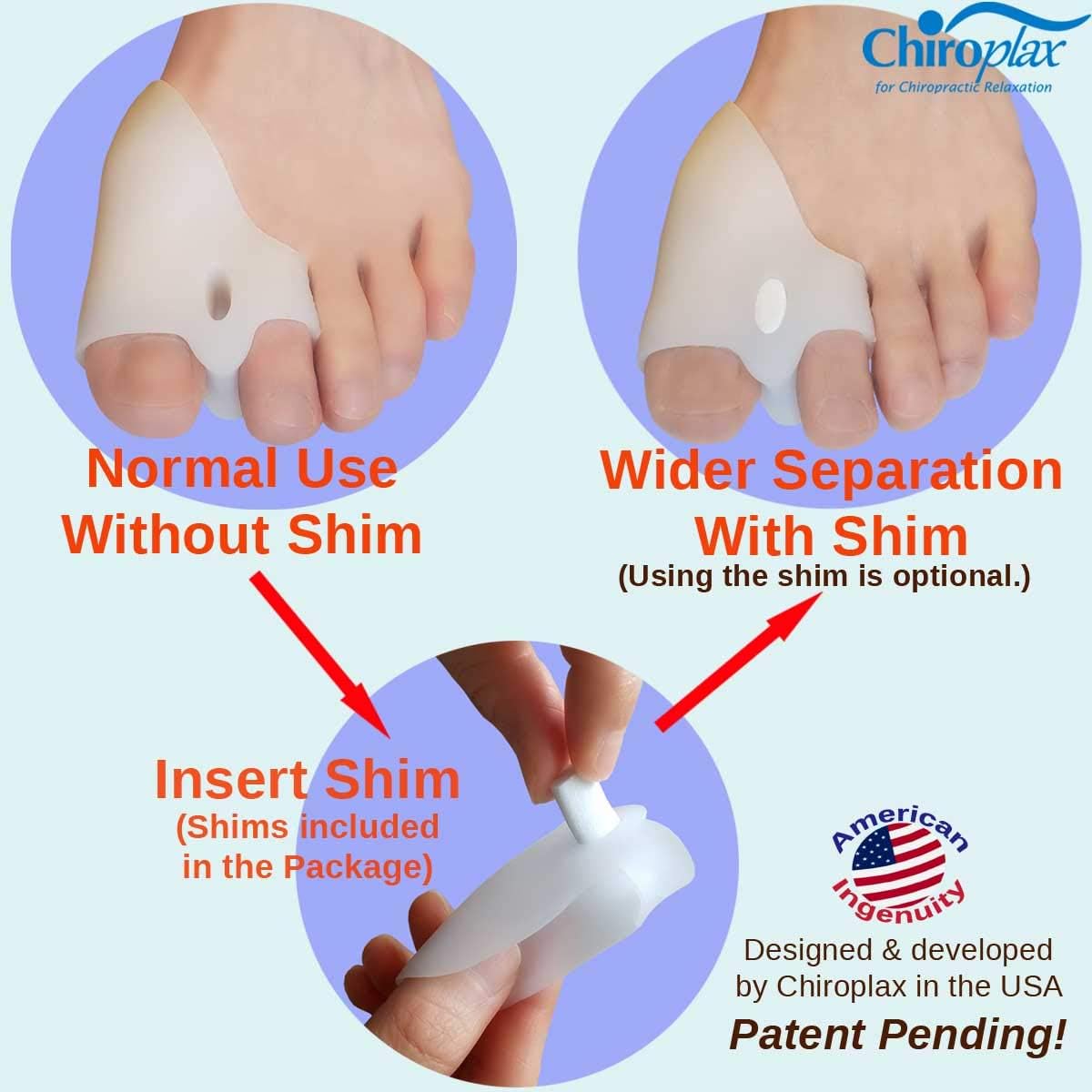 Chiroplax Bunion Corrector Relief Cushion Pads Guard Toe Separator Straightener Splint Protector Shield Spacer Sleeve Cover Hallux Valgus (4 Pads with Shims): Health & Personal Care