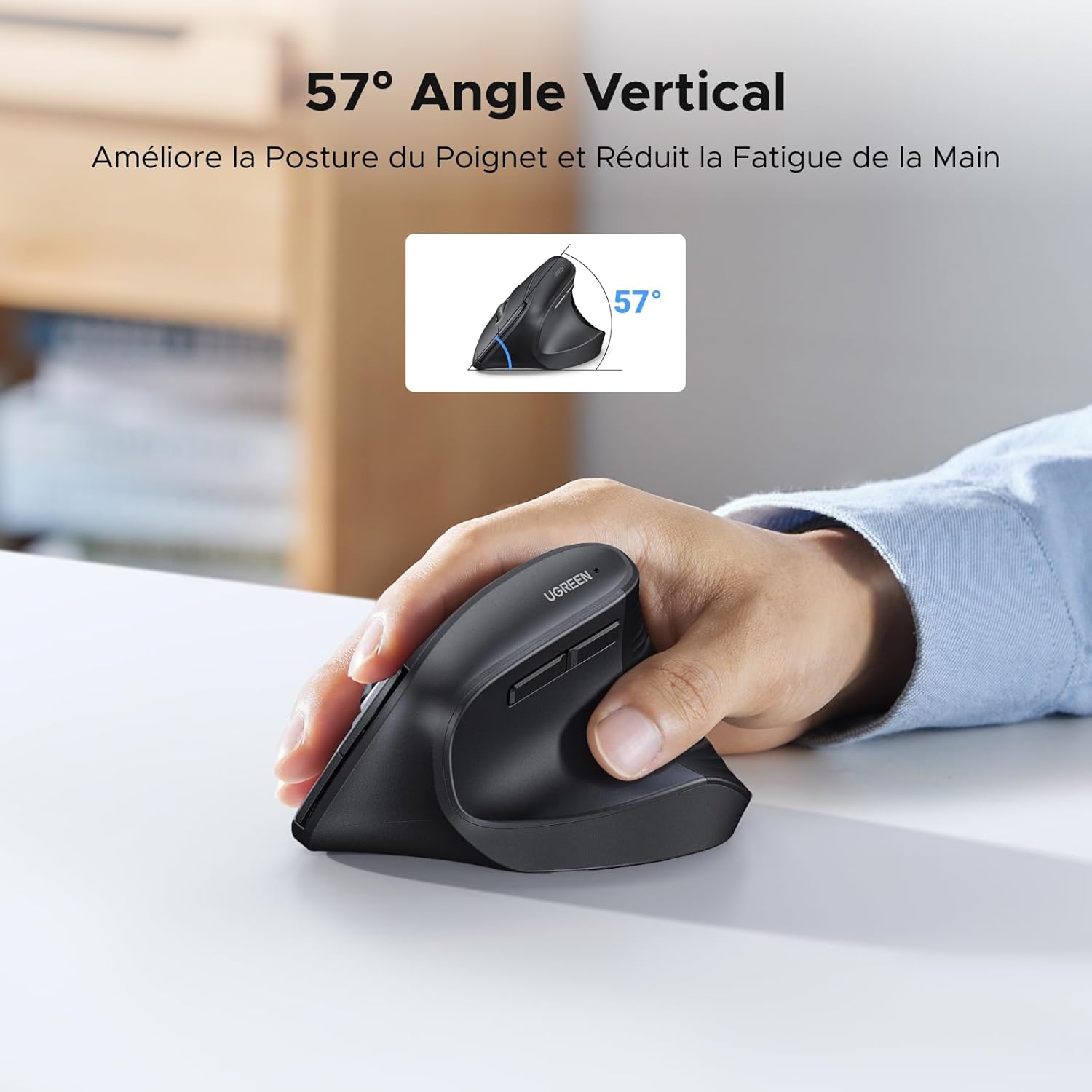 Hand holding vertical mouse at 57 degree angle