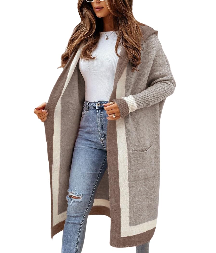 chouyatou Womens Color Block Vertical Striped Open Front Oversized Hooded Long Cardigan Sweaters with Pockets