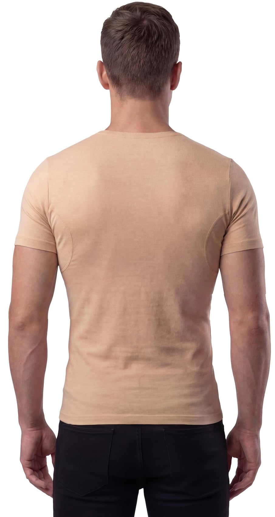 Canottiera intima da uomo color pelle, con inserti contro macchie di sudore, invisibile a mezza manica e scollo a V